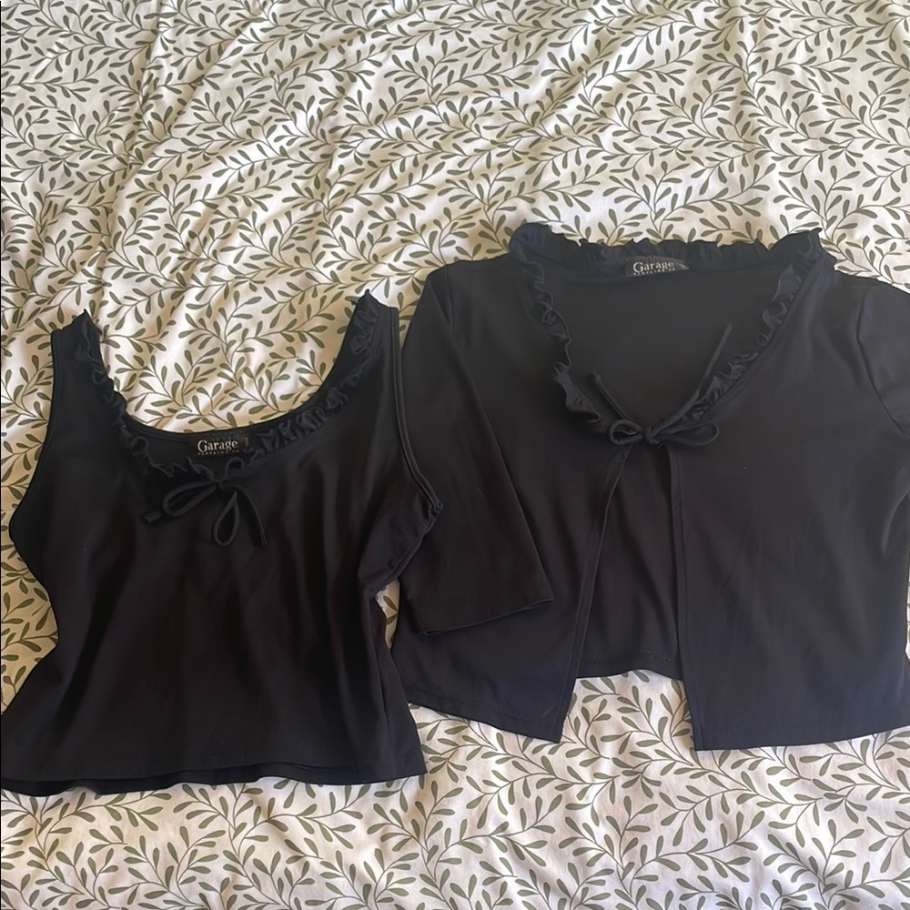 Garage Black Ruffle Trim Set – Tank & Tie Front Cardigan (2-Piece)